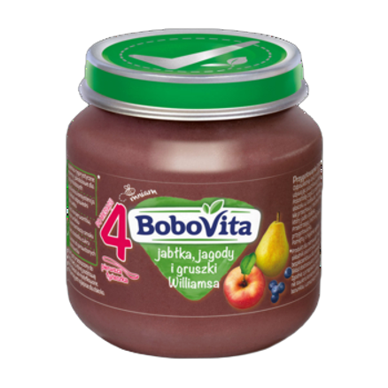 Przecier dla niemowląt jabłka, jagody i gruszki Williamsa po 4 miesiącu BoboVita 125 g Przecier dla niemowląt jabłka, jagody i gruszki Williamsa po 4 miesiącu BoboVita 125g