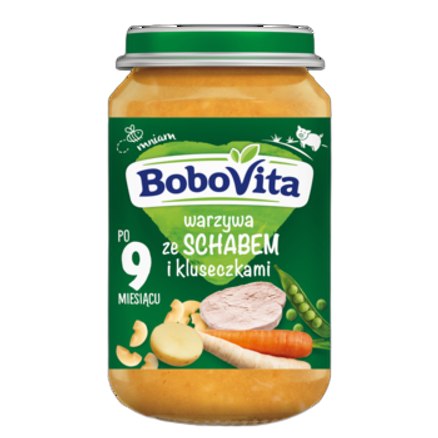 Obiadek warzywa ze schabem i kluseczkami po 9 miesiącu BoboVita 190 g Obiadek warzywa ze schabem i kluseczkami po 9 miesiącu BoboVita 190g