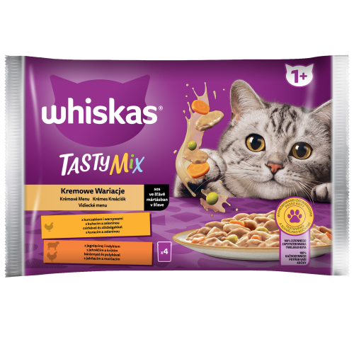 Whiskas tasty mix kremowe wariacje 1+ sos z kurczakiem i warzywami i z jagnięciną i indykiem 340 g (4x85
