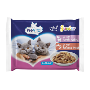 Prevital karma dla kociąt 4 x 100 g. z jagnięciną i indykiem w sosie. z łososiem i pstrągiem w sosie