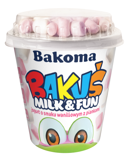 Bakuś milk &amp; fun jogurt o smaku waniliowym z piankami 128g