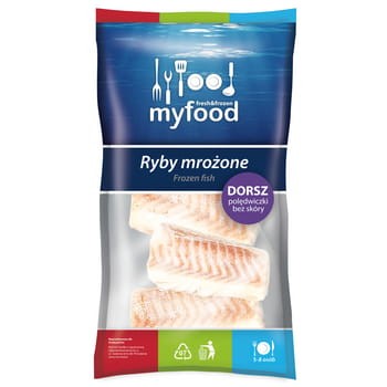myfood dorsz czarny (pollachius virens) polędwiczki bez skóry, z wodą dodaną, glazurowane, produkt głęboko mrożony, rozmiar: 100-140 g, glazura: 10%, 700/780 g 20241a83450ef3c8aa8faa247d1eb395