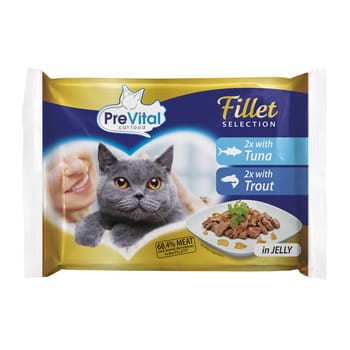 PreVital karma dla dorosłych kotów 4 x 85 g. Z tuńczykiem w galaretce. Z pstrągiem w galaretce 82f585f0607628c2132c310ca38fac3b
