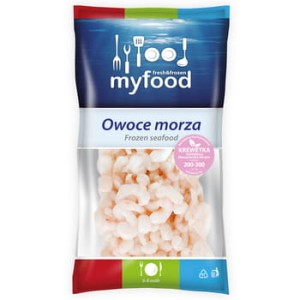 Myfood krewetki koktajlowe, blanszowane, obrane, rozmiar: 200-300 szt./lb (440-660 szt./kg), produkt głęboko mrożony, glazurowane, 800 g / 1000 g