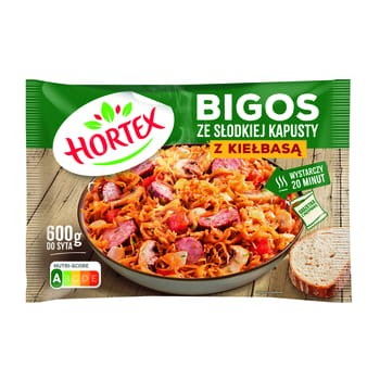 hortex bigos ze słodkiej kapusty z kiełbasą 600 g 36897de5cb5553f974c2a1185df78f12