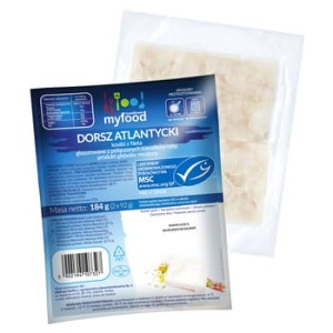 myfood dorsz atlantycki (gadus morhua) kostki z fileta, z połączonych kawałków ryby, produkt głęboko mrożony, glazura: 8%, 184 g (2 x 92 g) / 200 g
