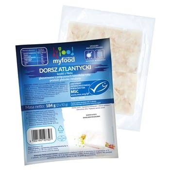 myfood dorsz atlantycki (gadus morhua) kostki z fileta, z połączonych kawałków ryby, produkt głęboko mrożony, glazura: 8%, 184 g (2 x 92 g) / 200 g d6b255c2a10babe2a56bb8b741290f89