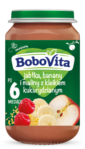 bobovita deserek jabłka, banany i maliny z kleikiem kukurydzianym po 6 miesiącu 190g