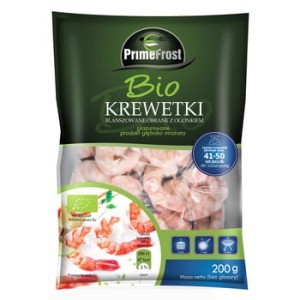 primefrost bio krewetki blanszowane obrane z ogonkiem, rozmiar: 41-50 szt./lb, glazura: 20%, 200 g/250 g, produkt głęboko mrożony