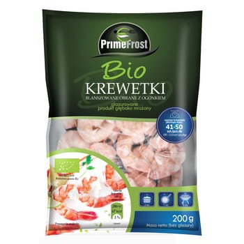 primefrost bio krewetki blanszowane obrane z ogonkiem, rozmiar: 41-50 szt./lb, glazura: 20%, 200 g/250 g, produkt głęboko mrożony 1df9d2cee263c27066b758ec41f4502e