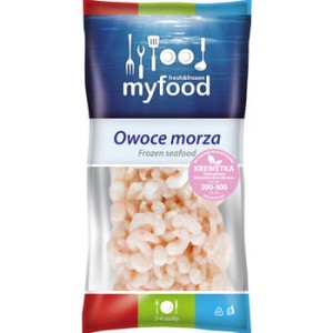 myfood krewetki koktajlowe, blanszowane, obrane, rozmiar: 200-300 szt./lb (440-660 szt./kg), produkt głęboko mrożony, glazurowane, 400 g /500 g
