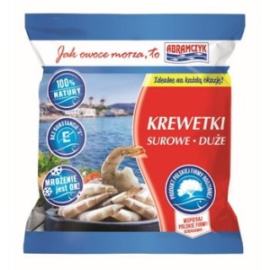 Abramczyk krewetki białe 31-40 surowe bez głowy w pancerzu z ogonkiem z łatwym obieraniem easypeel 10% 450/500 g