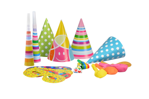 Zestaw Party dla 4 osób (4 czapeczki, 4 maski, 2 gwizdki, 2 trąbki, 4 balony metalizowane)