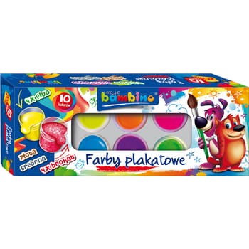 Bambino farby plakatowe 10 kolorów 20 ml (4 x fluo, 4 x brokat, złota, srebrna) cc58cb1352864327e82308bf33b4fb43