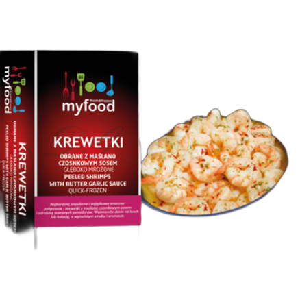 Mrożone krewetki obrane z maślanym sosem czosnkowym MyFood 250 g Mrożone krewetki obrane z maślanym sosem czosnkowym MyFood 250g