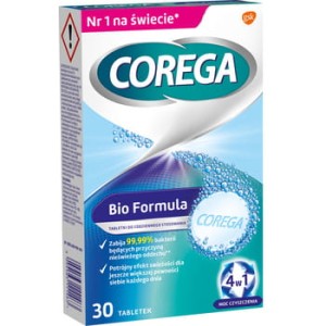Corega Bio Formuła Tabletki przeciwbakteryjne 4 aktywne składniki do czyszczenia protez zębowych z systemem czyszczącym 4w1 30 tabletek