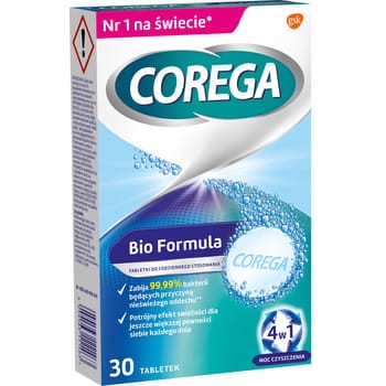 Corega Bio Formuła Tabletki przeciwbakteryjne 4 aktywne składniki do czyszczenia protez zębowych z systemem czyszczącym 4w1 30 tabletek 13603972_0_1736479850223.jpg