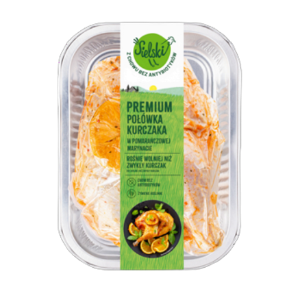 Kurczak sielski połówka kurczaka w marynacie pomarańczowej wyrób mięsny z dodaną wodą, schłodzony. ok. 1 kg KURCZAK SIELSKI POŁÓWKA KURCZAKA W MARYNACIE POMARAŃCZOWEJ WYRÓB MIĘSNY Z DODANĄ WODĄ, SCHŁODZONY. ok. 1 KG