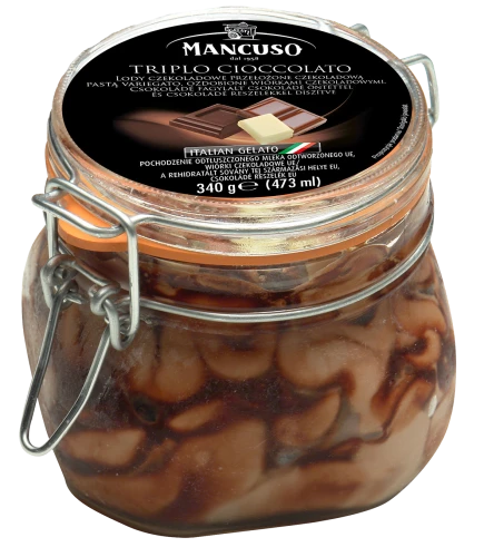 Mancuso Lody czekoladowe przełożone czekoladową pastą variegato, ozdobione wiórkami czekoladowymi, 340 g (473 ml)