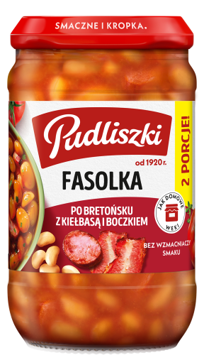 Fasolka po bretońsku z kiełbasą i boczkiem 610 g Fasolka po bretońsku z kiełbasą i boczkiem 610g