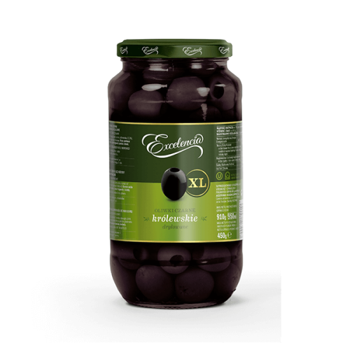 Excelencia Oliwki czarne Gordal królewskie drylowane 910 g Excelencia Oliwki czarne Gordal królewskie drylowane 910 g