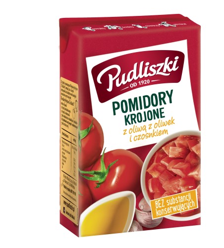 Pudliszki Pomidory krojone z oliwą z oliwek i czosnkiem 390 g