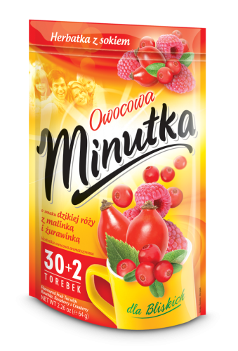Minutka Owocowa herbatka z sokiem o smaku dzikiej róży z malinką i żurawinką 64 g (32 torebki) Minutka Owocowa o smaku dzikiej róży z malinką i żurawinką Herbatka z sokiem 64 g (32 torebki)