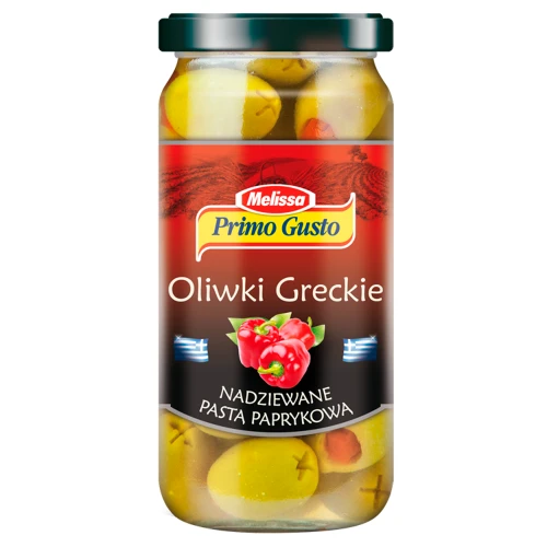 Primo Gusto Melissa Oliwki greckie nadziewane pastą paprykową 240 g Primo Gusto Melissa Oliwki greckie nadziewane pastą paprykową 240 g
