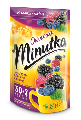 Minutka Owocowa jeżyna, jagoda, malina herbatka z sokiem 64 g Minutka Owocowa o smaku jeżyny z jagódką i maliną Herbatka z sokiem 64 g (32 torebki)