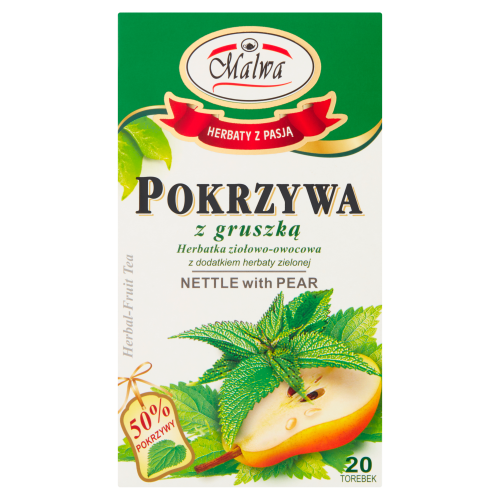 Malwa herbatka ziołowo-owocowa z dodatkiem herbaty zielonej pokrzywa z gruszką 40 g Malwa Herbatka ziołowo-owocowa z dodatkiem herbaty zielonej pokrzywa z gruszką 40 g (20 x 2 g)