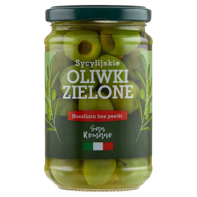 San Romano Sycylijskie oliwki zielone Nocellara bez pestki 300 g San Romano Sycylijskie oliwki zielone Nocellara bez pestki 300 g