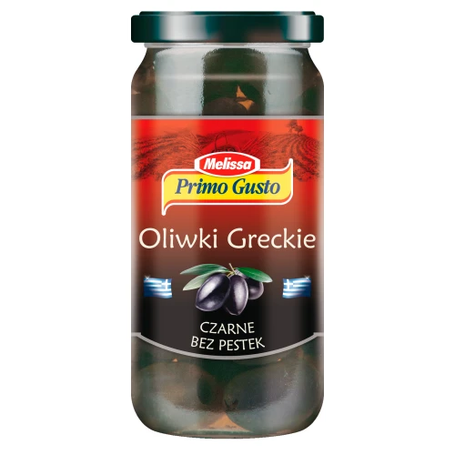 Primo Gusto Melissa Oliwki greckie czarne bez pestek 230 g Primo Gusto Melissa Oliwki greckie czarne bez pestek 230 g