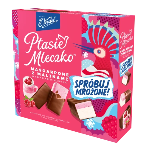 E.Wedel Ptasie Mleczko® mascarpone z malinami w czekoladzie mlecznej 340 g E.Wedel Ptasie Mleczko® mascarpone z malinami w czekoladzie mlecznej 340g