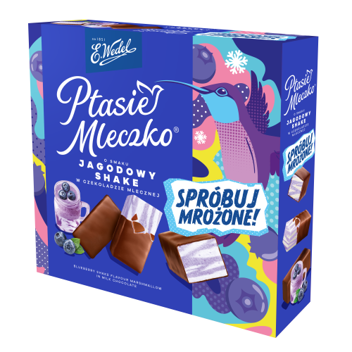 E.Wedel Ptasie Mleczko® o smaku jagodowy shake w czekoladzie mlecznej 340 g E.Wedel Ptasie Mleczko® o smaku jagodowy shake w czekoladzie mlecznej 340g
